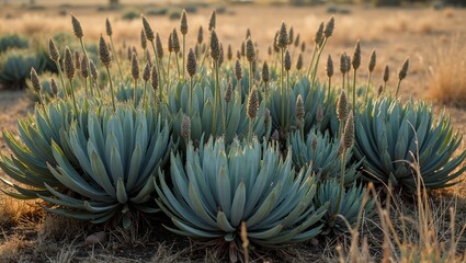 Fototapeta premium Cardoon plants in Mediterranean field at sunset with long shadows and dry grasses