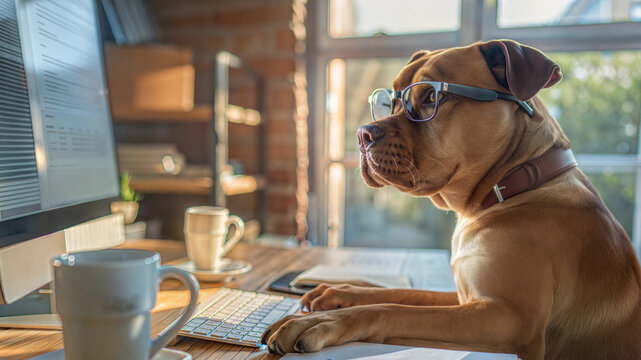 Dog wearing glasses typing on computer in office setting for humorous stock photography