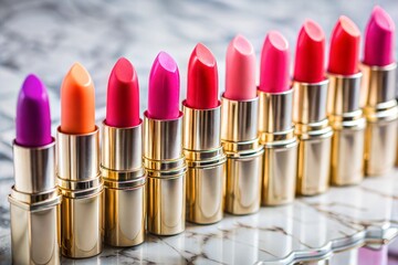 Obraz premium Colorful lipsticks arranged on a marble surface, showcasing vibrant shades for beauty lovers.