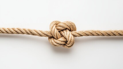 Obraz premium Natural, biodegradable jute rope tied in a secure knot or loop against a pristine white backdrop, showcasing its rustic charm and practical用途。 