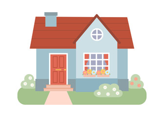 Charming cottage house illustration with red roof, flower garden, and greenery, ideal for cozy home themes, countryside designs, and quaint rural landscapes.