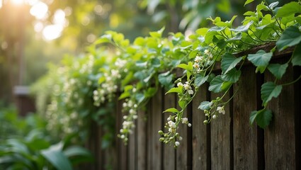 Obraz premium Trailing Moringa vines with blooming white flowers on a wooden fence in a tropical garden