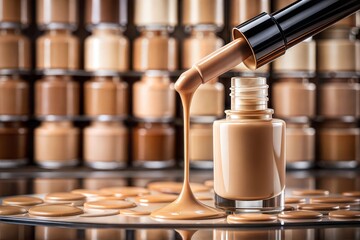Foundation bottle pouring liquid makeup on a reflective surface.