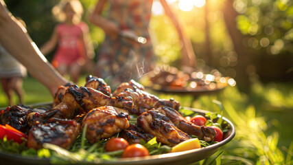 Summer bbq with grilled chicken and fresh vegetables in a sunlit garden