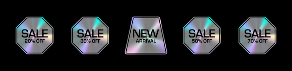 A set of metallic holographic stickers displays promotional messages like NEW ARRIVAL and SALE 20%, 30%, 50%, and 70% OFF, featuring vibrant reflections and diverse shapes.