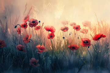 Obraz premium Painting of a field of red poppies with a sun in the background. The mood of the painting is serene and peaceful