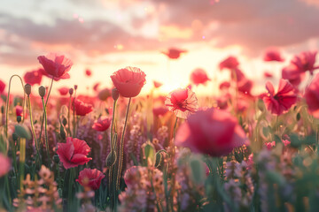 Fototapeta premium Painting of a field of red poppies with a sun in the background. The mood of the painting is serene and peaceful