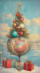 Vintage christmas tree and gifts on the river bank.