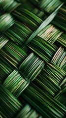 Close-up of green palm leaves woven into an intricate pattern, symbolizing the traditional artistry and craftsmanship