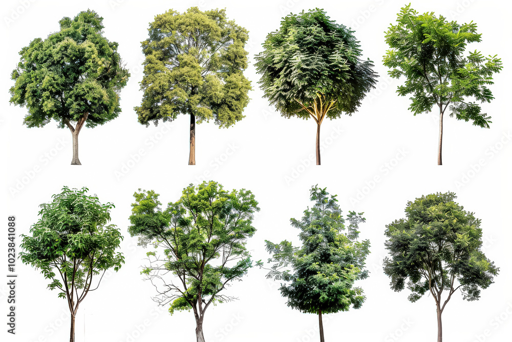 Poster collection of trees in various sizes and shapes. the trees are all green and are spread out across t