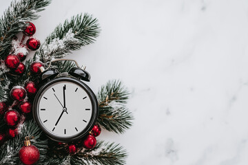 Christmas composition with vintage black clock, fir branches, red berries, and snow. Countdown to...