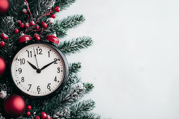 Christmas composition with vintage black clock, fir branches, red berries, and snow. Countdown to...