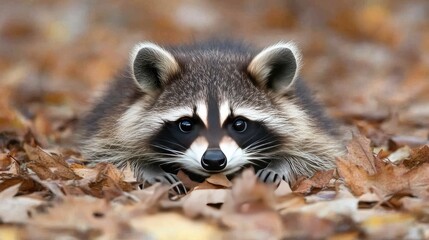 Fototapeta premium A raccoon sits among colorful fall leaves, looking directly at the camera with an inquisitive expression in a tranquil outdoor environment
