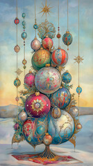 Vintage Christmas decorations on montane background.