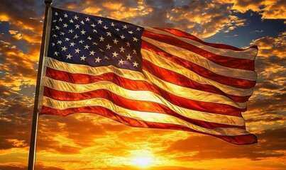 A grand American flag billowing in the sky