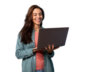 Smiling girl holding a laptop in her hands
