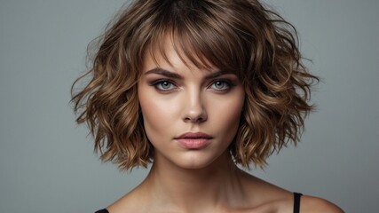 Naklejka premium Beautiful fashion woman with a Shaggy haircut hairstyle looks to the camera - generative ai
