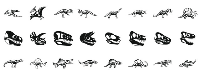 Dinosaur skeleton icons set. Dinosaur skeletons are showing anatomy of prehistoric animals that lived million years ago