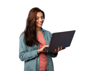 Smiling girl holding a laptop in her hands