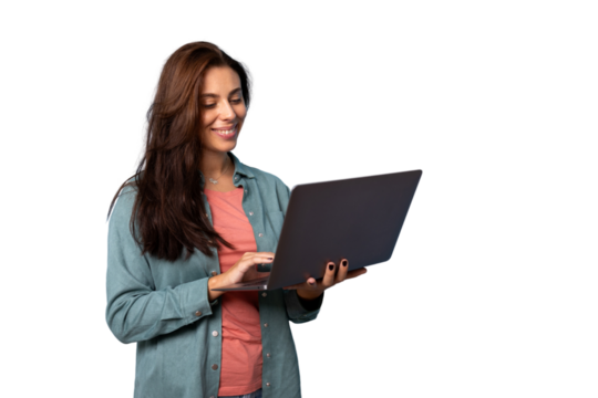 Smiling girl holding a laptop in her hands