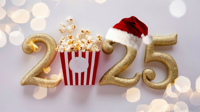 Cinema and movie on christmas concept. 3D render of "2025" in cursive red font with a popcorn box for the '0' and a Santa hat on one number. 
