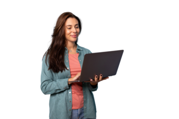 Portrait of a young woman holding a laptop in her hands