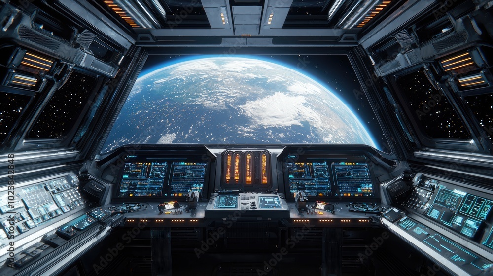 Poster spaceship cockpit with earth view and futuristic interface