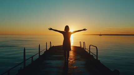 Fototapeta premium Silhouette of a woman with arms outstretched, standing on a pier at sunset