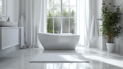 This bathroom features a stylish interior with a soft bath mat and a tub. The room has a clean, modern look with white walls and a tiled floor. The tub is a deep soaking tub