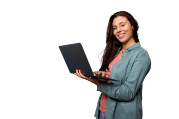 Portrait of a young woman holding a laptop in her hands