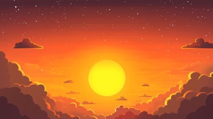 A vibrant cartoon sunset with a large yellow sun and fluffy clouds in an orange sky, stars in the night sky.