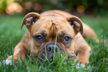 A brown dog is laying on the grass with its head down