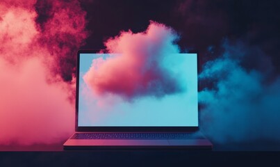 A laptop computer is open to a screen with a cloud on it