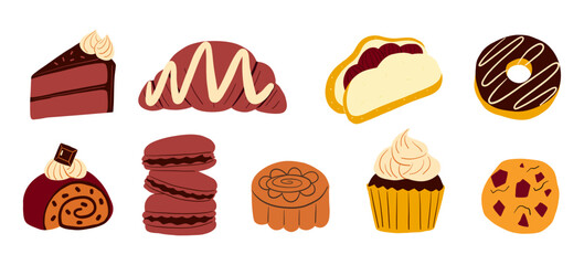 Assorted Chocolate Dessert Collection. A hand-drawn collection of delicious chocolate desserts, featuring cakes, macarons, cupcakes, and pastries. Perfect for bakery and sweet food designs