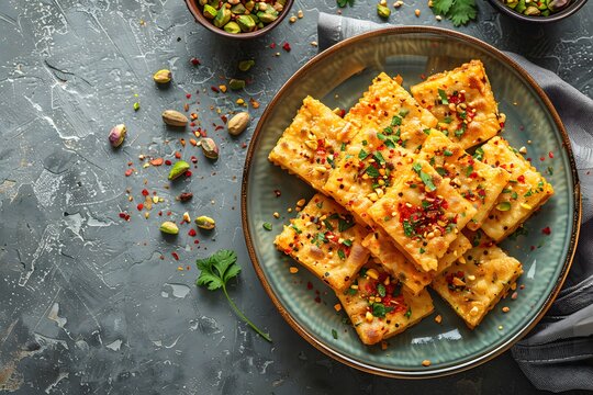 Savory baked mathri crackers topped with spices and herbs on a blue plate. Overhead view of a crispy Indian snack for food blogs, restaurant menus, and street food promotions.