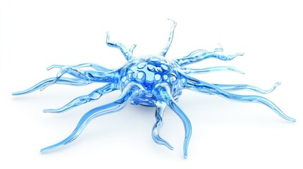 A 3D rendering of a blue glass neuron cell on a white background.
