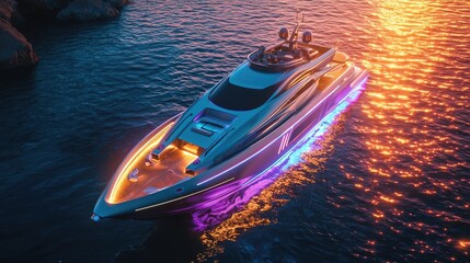 Modern Yacht with Illuminated Hull at Sunset