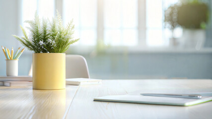 Modern workspace with potted plant and laptop on sunny desk