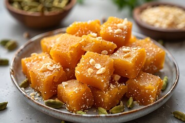 Indian sweet orange halwa cubes garnished with cardamom and sesame on a ceramic plate. Overhead view of a festive dessert for celebration menus, food blogs, and holiday dessert promotions.