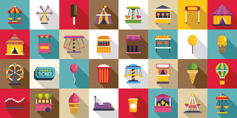 Funfair icons set. This vector illustration features various colorful icons associated with amusement parks, carnivals, and entertainment © anatolir