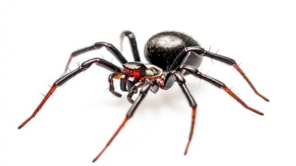 A black and red spider with long legs is isolated on a white background.