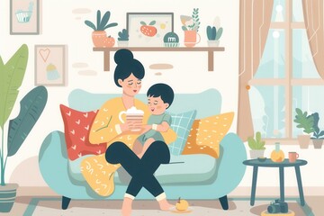 A caring mother sits on a sofa in a bright living room, feeding her happy baby with warmth and tenderness in a comforting environment. Generative AI