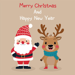 Merry Christmas and Happy New Year, greeting card with Santa Claus and reindeer.