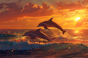 Fototapeta premium Two dolphins jumping out of the water in the ocean