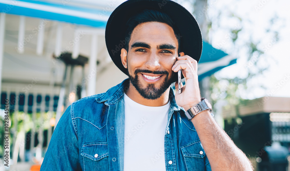 Poster half length portrait of cheerful spanish hipster guy smiling at camera while discussing time of meet