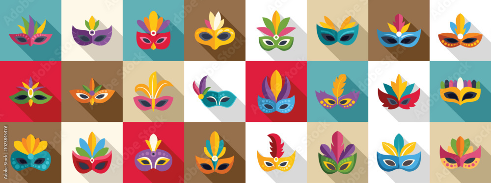 Poster face mask feathers icons set. this collection showcases a vibrant array of carnival masks, each ador