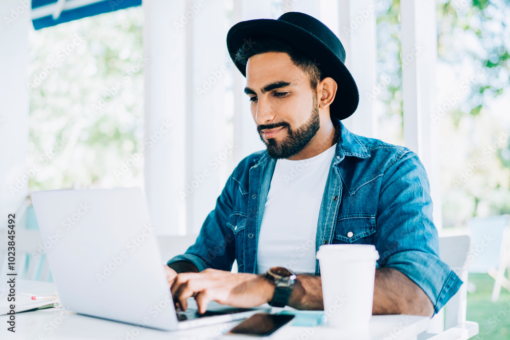 Poster millennial male student searching online web courses for e learning languages connecting to public w