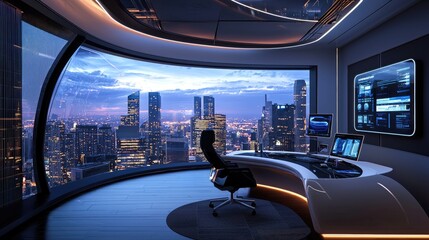 Futuristic Office with Cityscape View and Sleek Design