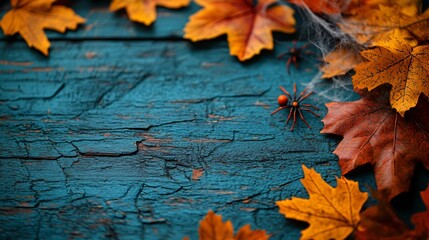 Obraz premium Top view of Halloween table with copy space