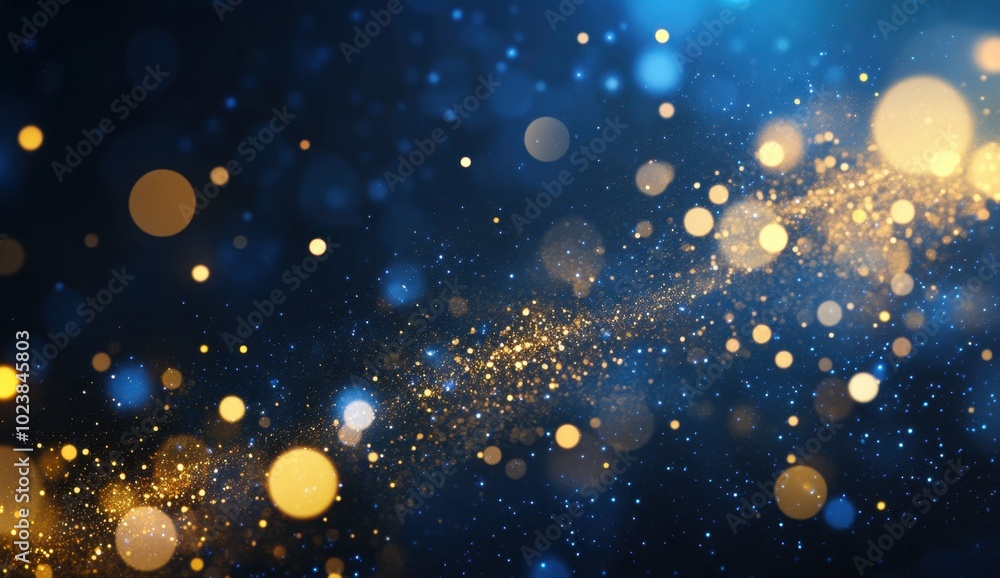 Poster abstract background with gold bokeh and glowing particles on a blue backdrop generative ai